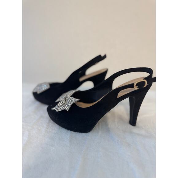 Boutique Faux Suede Slingback Heels Rhinestone Bow - Picture 4 of 5